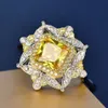 SZ6-10 Fashion Party Ring Sparkling Flower Jewelry 925 Sterling Silver Square Yellow Cz Zircon Diamond Women Engagement Band Rings247L