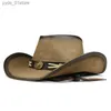 Breda brimhattar hink hattar retro ko huvud läderband kvinnor män pu läder rulla upp breda grim sombrero sun c strand cowboy cowgirl western hatt justera l240308