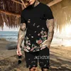 Summer T -shirt set för män randiga 3D -tryckta herr thirt korta ärmarna 2 -stycken överdimensionerad casual strandsport man kostym 240227