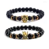 Strand preto natural pedra vulcânica pulseiras cabeça de leopardo coroa corda elástica fosco frisado pulseiras moda jóias para casais h226a