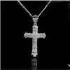 Pendant Necklaces Retro Sier Cross Charm Fl Ice Out Cz Simated Diamonds Catholic Crucifix Necklace With Long Cuban Chain Drop Delive Dhetw