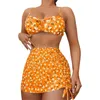 Mulheres Swimwear Impressão Digital Malha Três Peças Bikini Split Swimsuit Menina Sexy Triângulo 90s Recorte Manga Curta