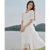 Party Dresses Toyouth Women Dress 2024 Summer Puff Sleeves Lace V Neck A-shaped Loose Elastic Waistline French Romantic White Skirt