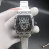 Design incrível relógio de tendência masculina prata caixa de aço inoxidável relógio de diamante completo pulseira de borracha automática pulso mecânico 2397
