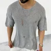 Men's Sweaters Loose Solid Color Distressed Casual Street Fashion 2024 Summer Round Neck Short Sleeved Hollow