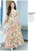 Casual Dresses 2024 Spring V-Neck Chiffon Print Dress Long Sleeve Elastic Cuffs Midjan Stängande Feminin kjol Sandspridning