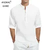 Mens Casual Cotton Shirt Långärmband Band krage Henley Solid Color Topps 240226