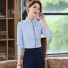 Blusas femininas moda senhoras camisas de trabalho mulheres 2 peça calça e tops define escritório wear azul listra ol estilos