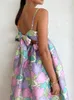 Casual Dresses Floral Print Satin Square Neck Bow Tube Dress Loose Backless Spaghetti Strap Long Vestidos 2024 Summer Female Elegant Robes