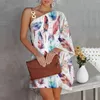 Casual Dresses Summer For Women One Shoulder Feathers Print Midi Dress Half Bat Sleeve Loose Metal Strap Sundress Robe Femme