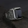 Véritable pur 925 argent sterling hommes chevalières avec onyx noir pierre naturelle rétro fleur gravée punk rock bijoux vintage 240220