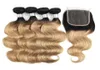 1B 27 Ombre Honingblond haarbundels met sluiting Indian Body Wave Hair Extensions 4 bundels met 4x4 vetersluiting Remy Human Hai3106305