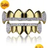 Grillz, Grills dentais 18K Dentes de ouro real Grillz Caps Iced Out Top Bottom Vampire Fangs Dental Grill Set Atacado Drop Delivery Jewe Dhzbt