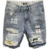 Jeans masculinos atacado 2021 moda coreana casual mendigo buraco denim shorts marca impresso remendo rasgado calças curtas