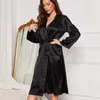 Mulheres sleepwear com decote em v roupão de noite preto primavera rayon cetim robe roupão mulheres manga longa quimono nightwear loungewear