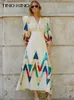 Printed Women Long Dress Suit Vneck Puff Sleeve Top High Waist Loose Female Midi Dresses Spring Autumn Fashion Lady Sets 240308