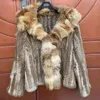 2024 True Rabbit Woven Coat with Fox Hair Collar Long Sleeped Haining Women's Fur Top 670062