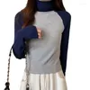 Женские футболки, женский осенне-зимний узкий свитер контрастного цвета в рубчик, вязаный укороченный топ с высоким воротом 066C