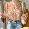 Shirt 2021 Spring Prairie Chic Tops Blusas Girl Next Door Fashion Style Women Floral Print Chiffon Single Breasted Button Shirts