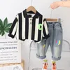 Kids casual clothes sets boys letter embroidery stripe long sleeve POLO shirt colorful Graffiti jeans 2pcs 2024 children outifts Z7030