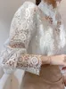 Petal Sleeve Stand Collar Hollow Out Flower Lace Patchwork Shirt Femme Blusas Allmatch Women Blouse Button White Top 12419 240301
