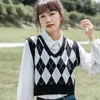 Women's Jackets Women Sweater Vest V Neck Loose Fit Pullovers Preppy Style Sleeveless Knitted Argyle Plaid Autumn Knitwear Versatile