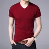 Summer Brand Tops 95% Cotton 5% Spandex t Shirt For Men v Neck Plain Solid Color Short Sleeve Casual Fashion Mens Clothes 240226
