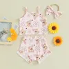 Kledingsets Infant Girl 3pcs Summer Outfit Shorts Set Butterfly Print Mouwloze Cami Top Floral Ruffle Headband