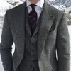 Grauer Wolle-Tweed-Winter-Herrenanzug für die Hochzeit, formeller Bräutigam-Smoking, Fischgrätmuster, männlich, modisch, 3-teiliger Anzug, Jacke, Weste und Hose 240227