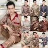 Primavera e outono conjuntos de pijamas masculinos seda manga comprida pijamas gelo plus size roupas para casa pijamas terno wear 240307
