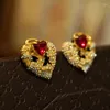 Серьги-гвоздики Fraya в форме сердца с листьями, красными бриллиантами, булавка из стерлингового серебра 925 пробы, позолота 18 карат, модные милые ювелирные украшения