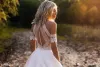 Western Garden Boho Wedding Dresses A Line Jewel Neck spets Satin Bridal klänningar Knappar Back Beach Robe de Mariee Plus Size