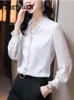 Elegante Frauen Chiffon Hemd Koreanische Bluse Büro Spitze Mesh Langarm Rüschen V NeckTops Casual Vintage Pullover Blusas 240226