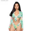 Women's Swimwear Sexy Bikini Set Women Plus Size Long Sleeve Swimwear 5XL Two-pieces Bikinis Top Bather V Neck Thong Bathing Suit Swim Wear L240308