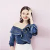 T-Shirt Self Portrait Denim Blouse Runway Women Sexy OffTheShoulder Long Sleeve Irregular Blouse Tops Blusas Mujer Ruffles Shirts Tees