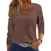 Blouses pour femmes Haut à bretelles croisées Élégant Col en V Évider Pull à manches longues Doux Lâche T-shirt avec bouton Décor pour le printemps