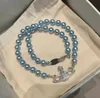 Lady Designer Bracelet Blue Saturn Pearl Necklace Chain Niche Full Diamonds Planet Hand Jewelry