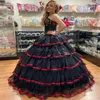 Vintage Black Mexican Quinceanera Dresses 2024 Embroidery Vestidos De 15 Quinceanera Xv Birthday Party Tiered Ruffles Gothic Prom Dress vestidos de xv robe mariee