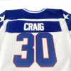 Maglia da hockey su ghiaccio 1980 USA 30 CRAIG 17 OCALLAHAN Cucito Ricamo Abbigliamento sportivo da esterno Maglie Abbigliamento da allenamento Bianco Blu 240305