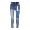 パープルブランドメンズジーンズファッションデニムスリムパンツ損傷した青いパッチリッピングジーンズ