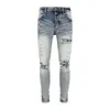 Jeans da uomo motociclista da motociclista in difficoltà Jean Rock Skinny Slim strappato Hole Letter Pantaloni in denim hip-hop di marca di alta qualità 619