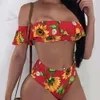 2024 New Split One Line Shoulder Lotus Leaf Edge Suower Print High Waist Sexy Bikini Swimsuit