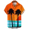 Camisas casuais masculinas estilo europeu e americano verão 3D impressão de coqueiro manga curta forro havaiano camisa de tamanho grande impressão digital