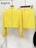 Autumn Womens Fashion Sexy Diamond Beaded Zipper Short Top Skirt Yellow Two Piece Suit Set High Quality Luxury Matching Sets 240226