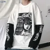 T-Shirt Haruku Tshirt Femmes Japonais Fujiang Horror Comics Chemise À Manches Longues Faux 2 Pièces Imprimer Top Hip Hop Streetwear Emo Vêtements