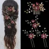 Hair Clips Wear Hairpins Elegant Faux Pearl Flower Side Comb Set For Wedding Bride Golden Leaf Shaped Alloy Tiaras