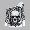 Goth Dark Streetwear Top Lace Sexy TShirt 2PCS Set Gothic Aesthetic Skulls Printed Long Sleeve Round Neck Tops Halloween 240229