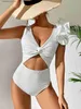 Mulheres Swimwear Sexy New Double Ruffle One Piece Swimwear Mulheres Cross Bandage Natação Terno Oco Out Strapy Maiô Beach Wear Monokini L240308