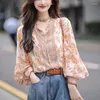 Women's Blouses Commute Vintage Floral Folk Printed Shirt Female Clothing Round Neck 2024 Spring Summer 3/4 Sleeve Stylish Button Loose