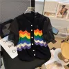 Cardigans Rainbow Striped Hollow Knit Sweater Cardigan Women 2023 Summer Puff Sleeve Singlebreasted Tops Stylish Elegant Fashion Knitwear